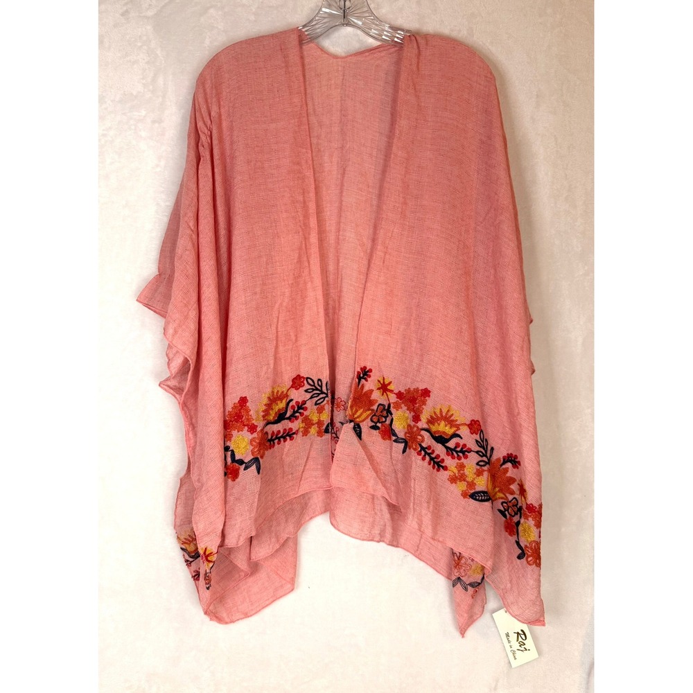 Raj Kimono Wrap Women OS Coral Pink NWT Floral Embroidered Boho Poncho Coverup